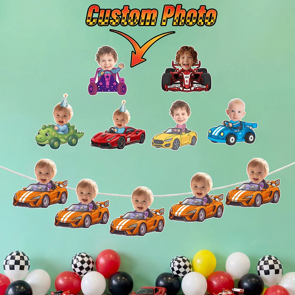 Custom Photo Race Car Birthday Banner, Personalized Kids Face Cutout Garland, Boys Racing Themed Party Hanging Decor,