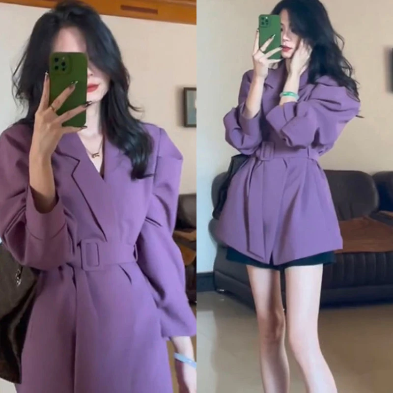 

Women's Vintage Hong Kong Style Chic, Age Reducing, Beautiful, Western Style, Small Fragrance, Purple Suit Coat, Spring Dress