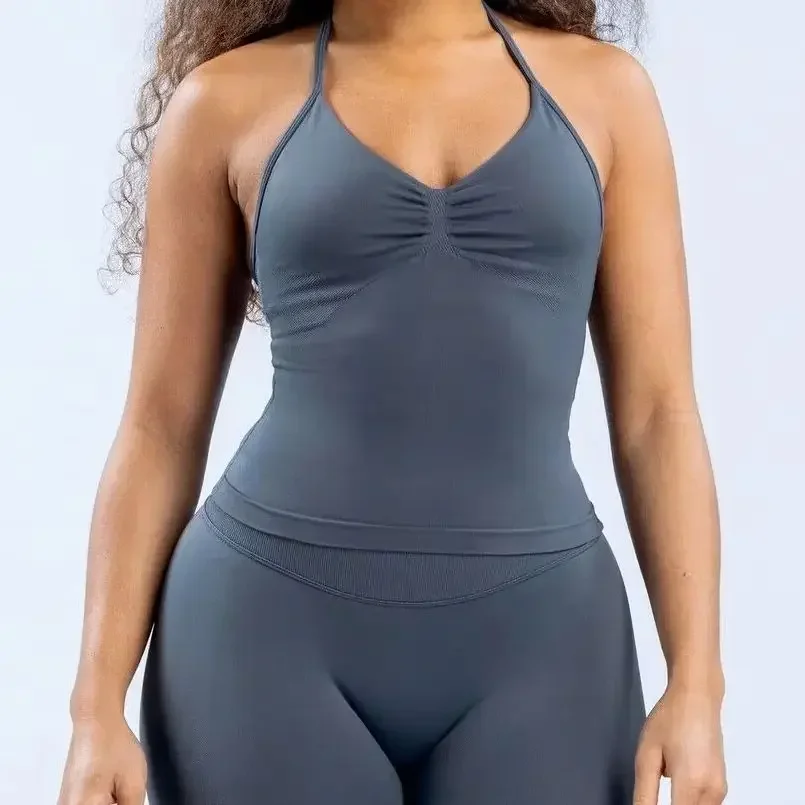 Ensemble de Sport 2 pièces pour femmes, débardeur dos nu, taille haute, froissé, short sans couture, costume de Sport, vêtements de Sport, ensemble d'entraînement