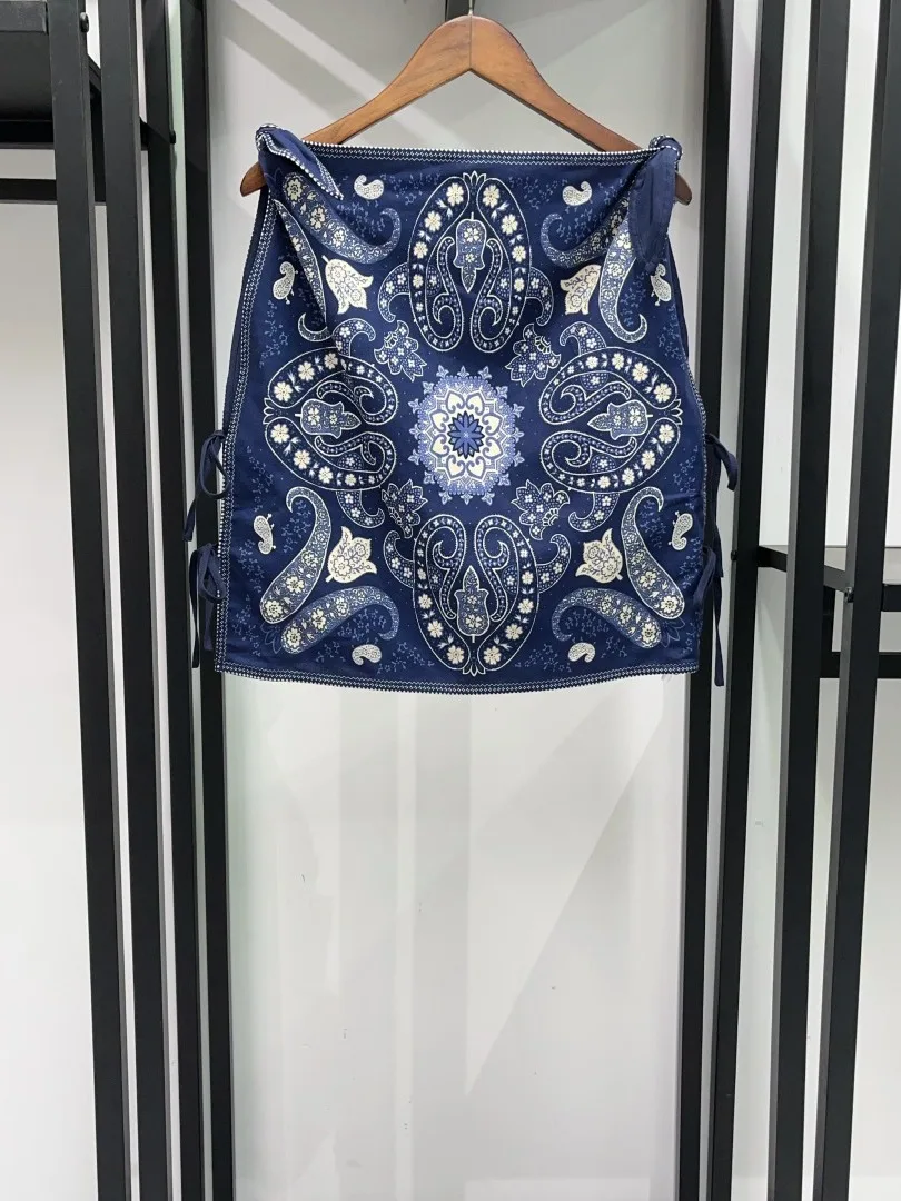 Blue And White Porcelain Print One Shoulder Knot Side Tied Women's Set Early Autumn Fashion Skirt And Top Ensemble