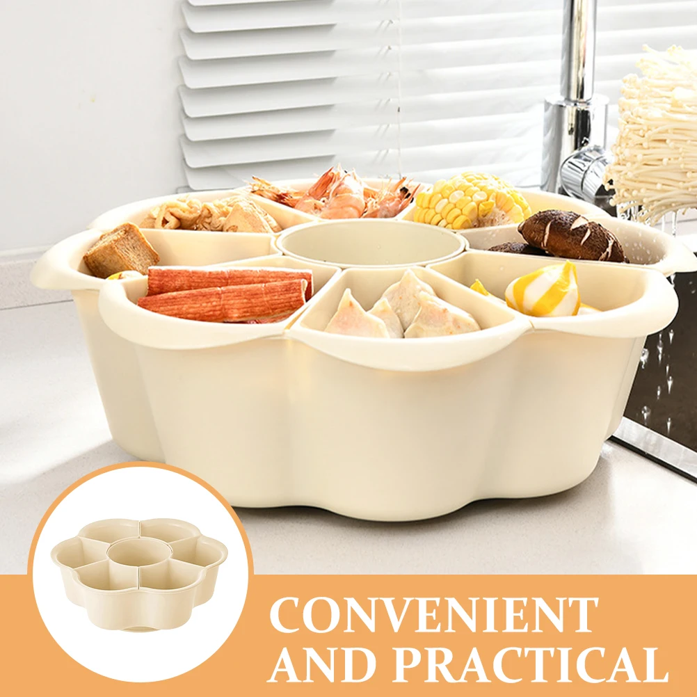 

Cream Hot Pot Drain Platter Divided Sections Vegetable Fruit Rotatable Smooth Edge Space Saving Serving Tray Food Container