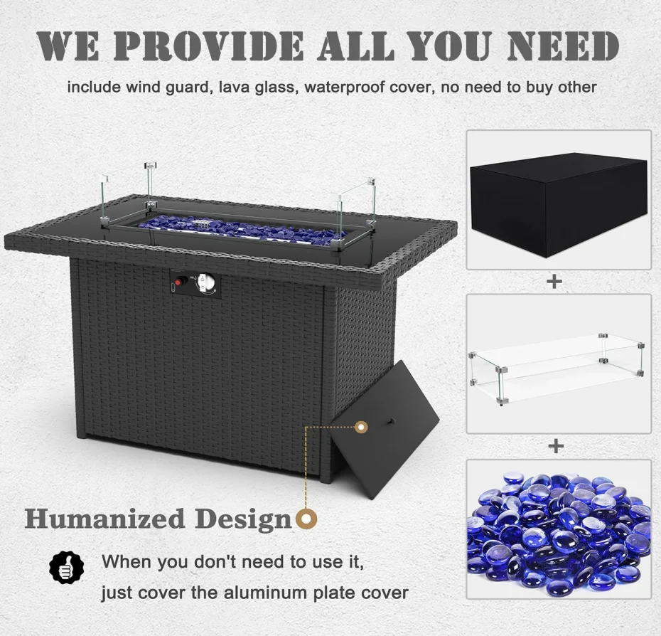 طقم أثاث فناء مكون من 8 قطع مع طاولة حفرة نار من غاز البروبان مقاس 44 بوصة، أطقم أرائك للمحادثة من الخيزران مقطعية للاستخدام الخارجي مع قهوة Ta #6