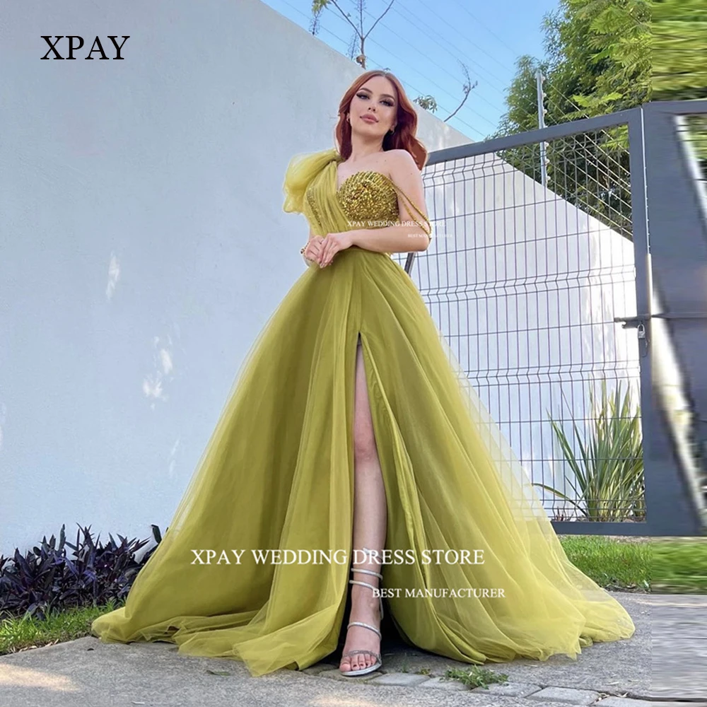 XPAY 2023 Olive Green Tulle Long Prom Dresses Dubai Arabic Women Beads Split Evening Gowns Long Formal Party Dress