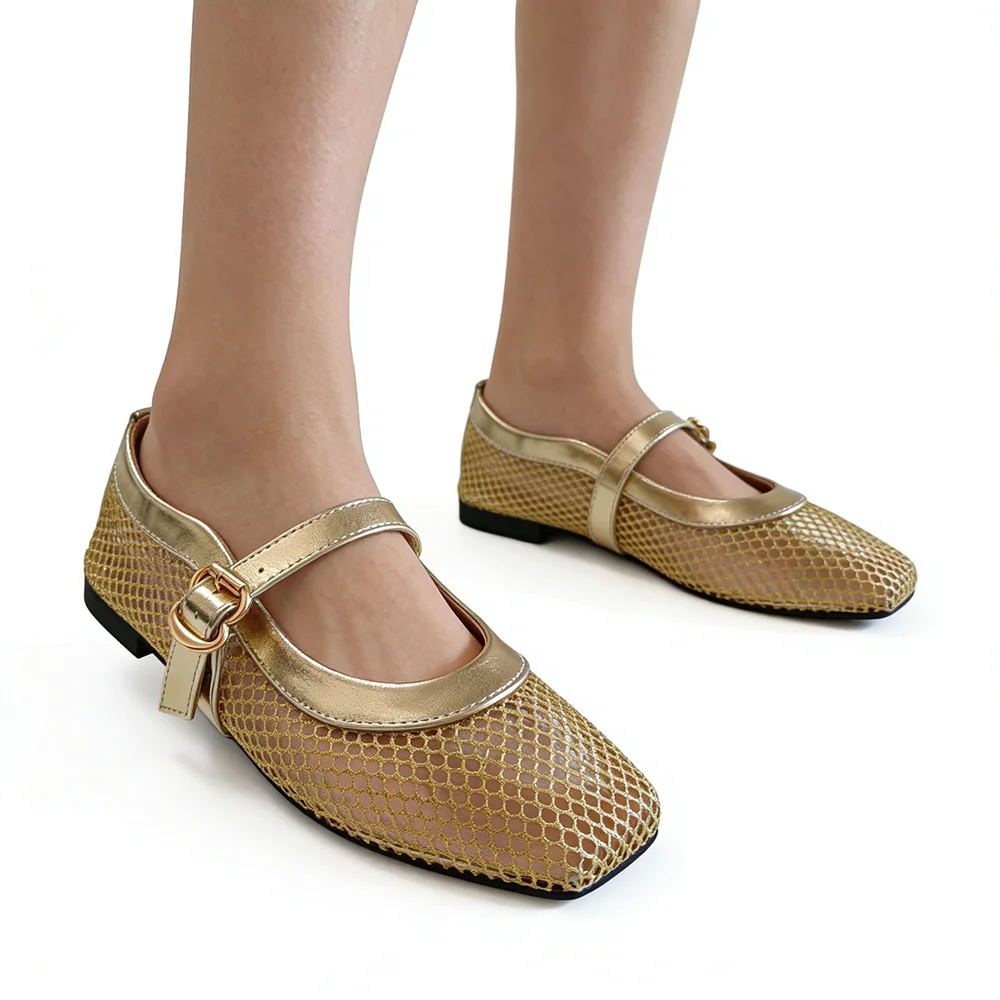 Gold Mesh Shoes Women Mary Jane Flats Lightweight Hollow Out Spring Summer Dress Party Shoes Office Lady Plus Size 42 D960