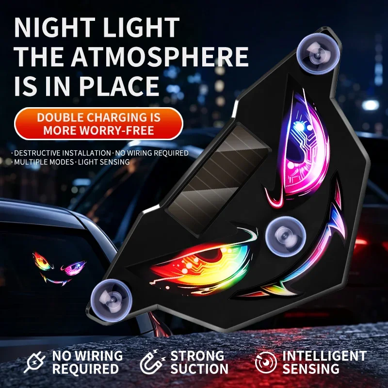 No-Wiring Evil Eye LED Car Ambient Light Solar Demon Eye Decor Lamp Light & Vibration Sensor Suction Cup Multiple Flash Modes