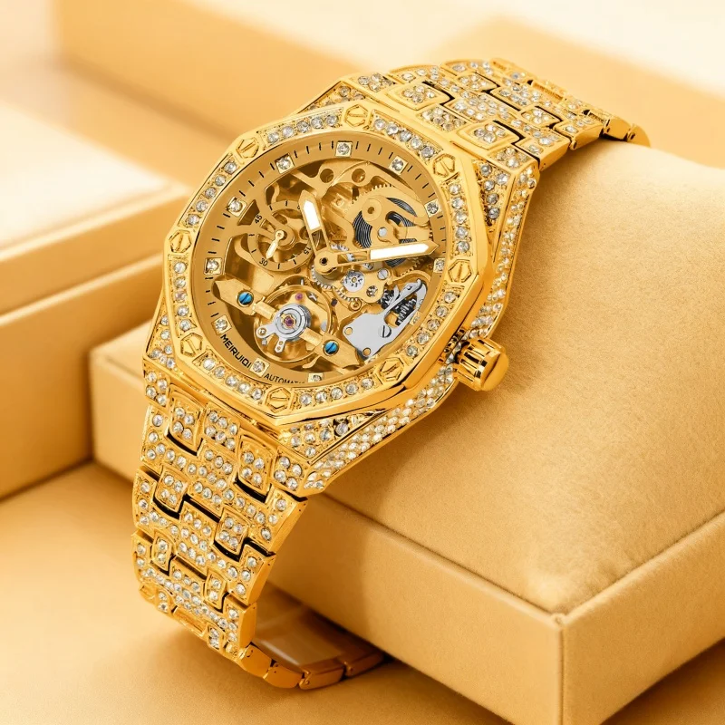 A men's yellow luxurious and gorgeous starry sky fully automatic scale hollow mechanical watch