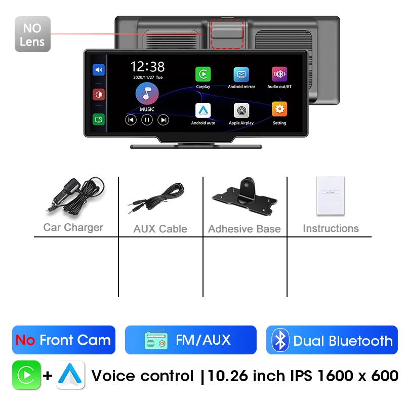 Srnubi 10,26 inch 4K Dash Cam Draadloos CarPlay Android Auto Dashboard Auto DVR Video-opname Nachtzicht GPS-navigatie BT AUX