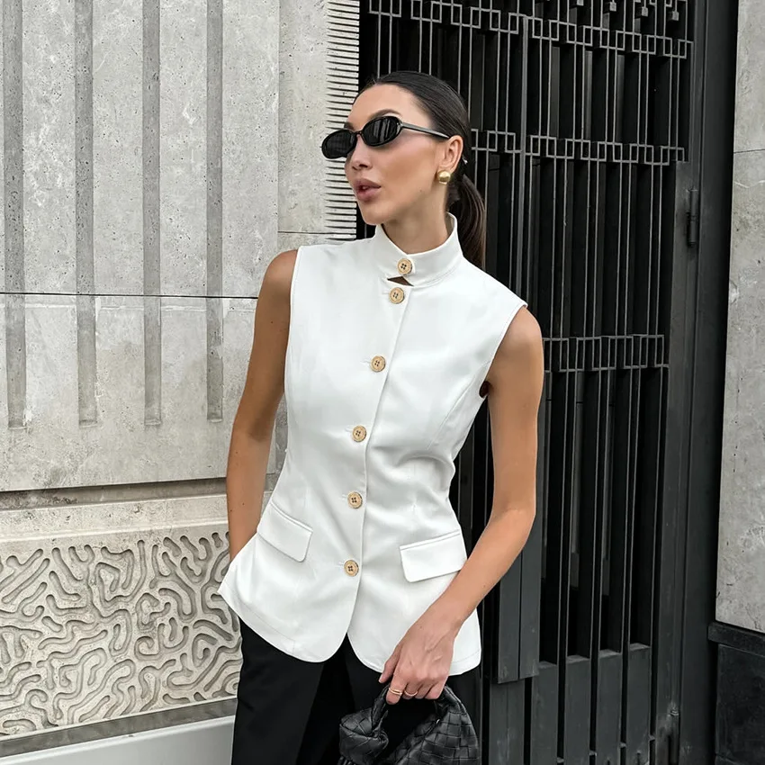 2025, veelzijdige mode-temperament mouwloze vesttop voor lente en zomer, wit casual overhemd met kleine opstaande kraag en woon-werkverkeer