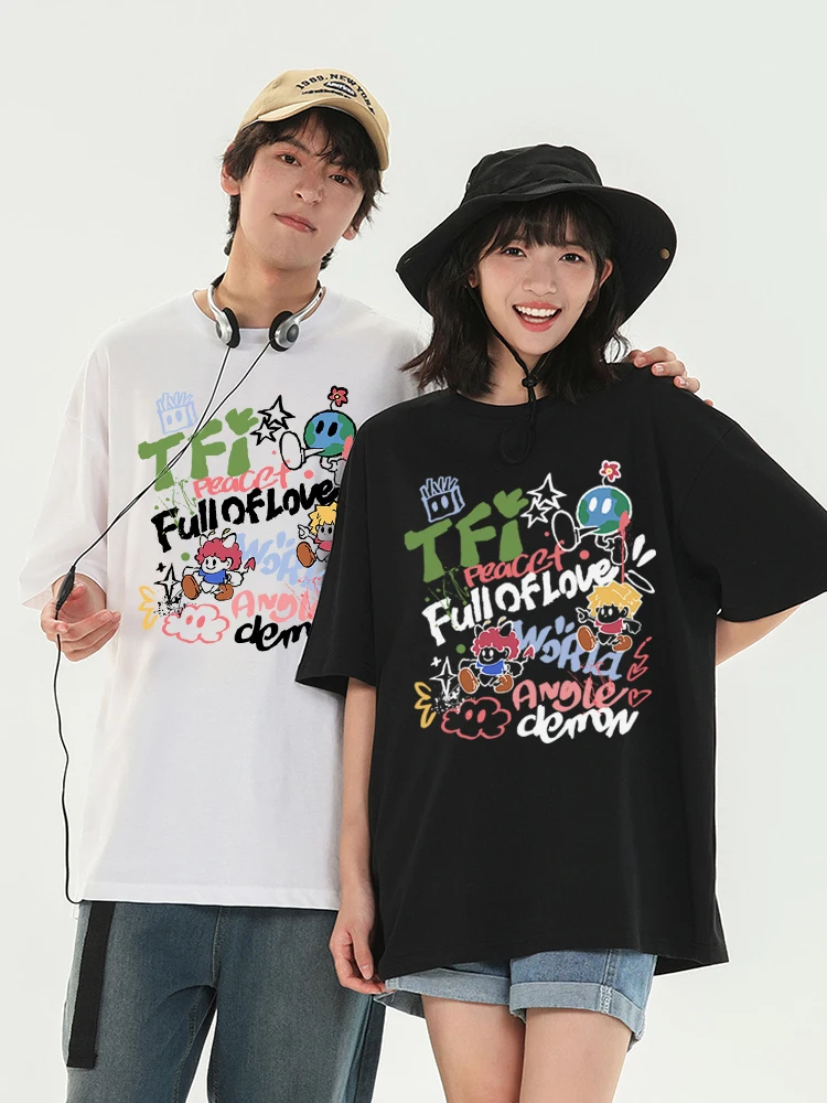 French Fries Ghost Pattern Couple 2024 New Summer Cotton T-shirt Fashion Trend Loose T-shirt