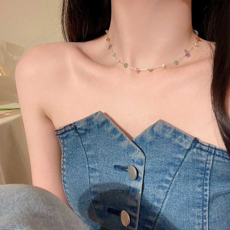 Korean Simple Colored Stone Chain Necklace For Women Golden Party Beach Clavicle Gift Aesthetic Jewelry