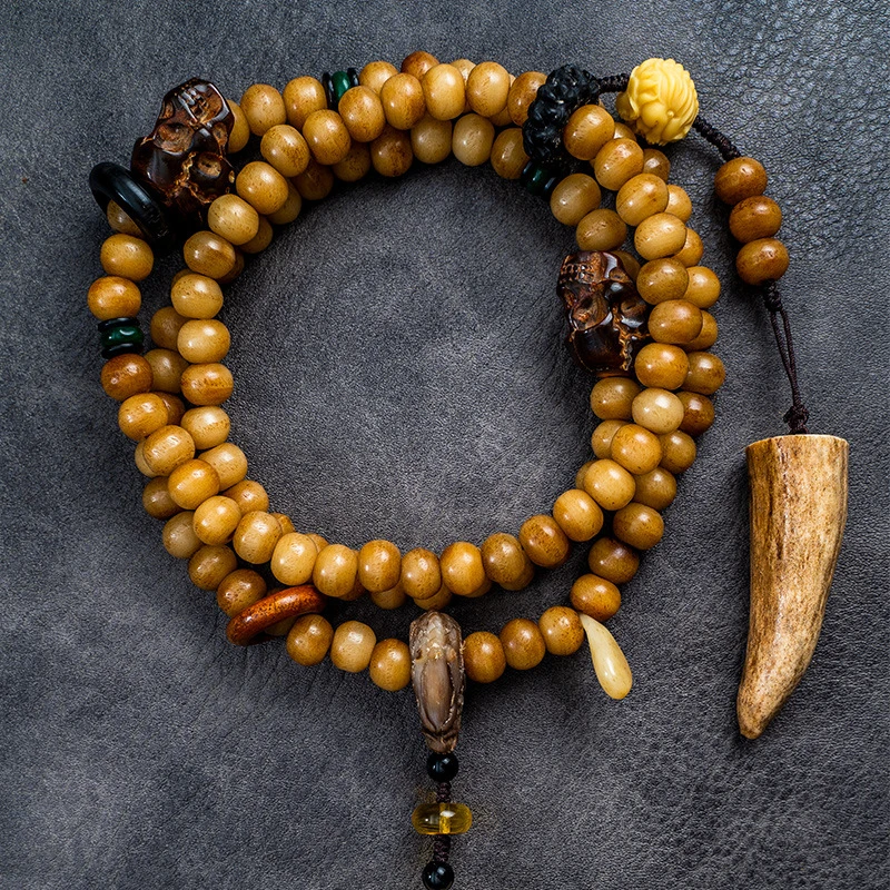 Old Camel Bone Carved Heart Sutra 108 Beads Ethnic Series Accessory Gift Camel Bone Dragon Amulet Buddha Pendant Necklace