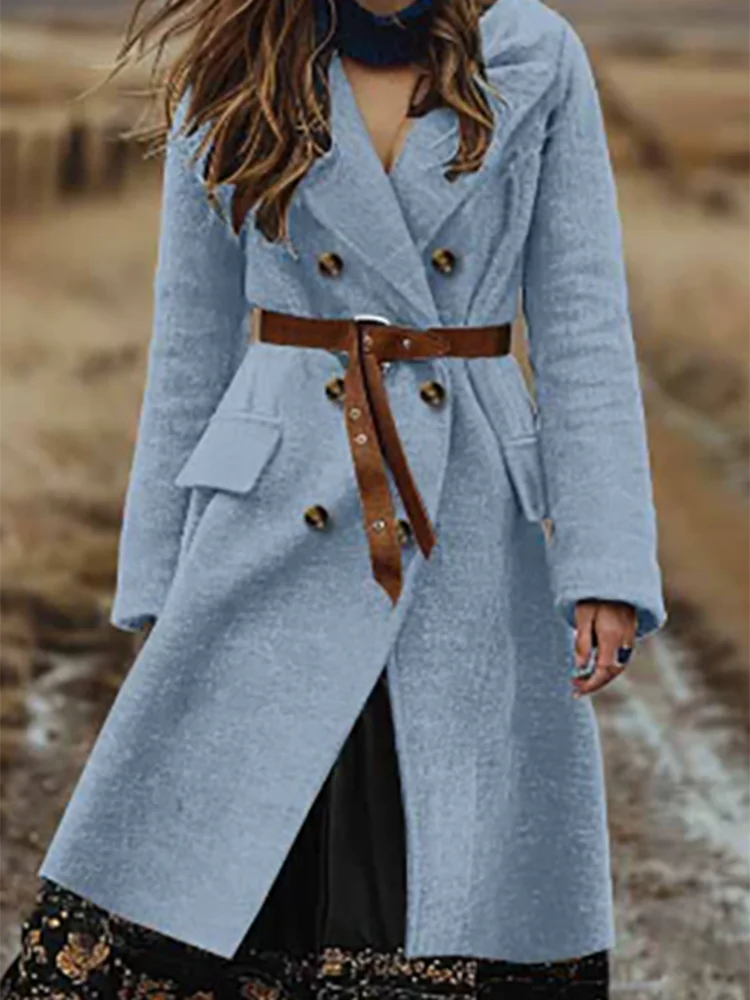 

Женское шерстяное пальто с завязками для отдыха, винтажное однотонное пальто с длинными рукавами, осенне-зимнее новое двубортное пальто с лацканами