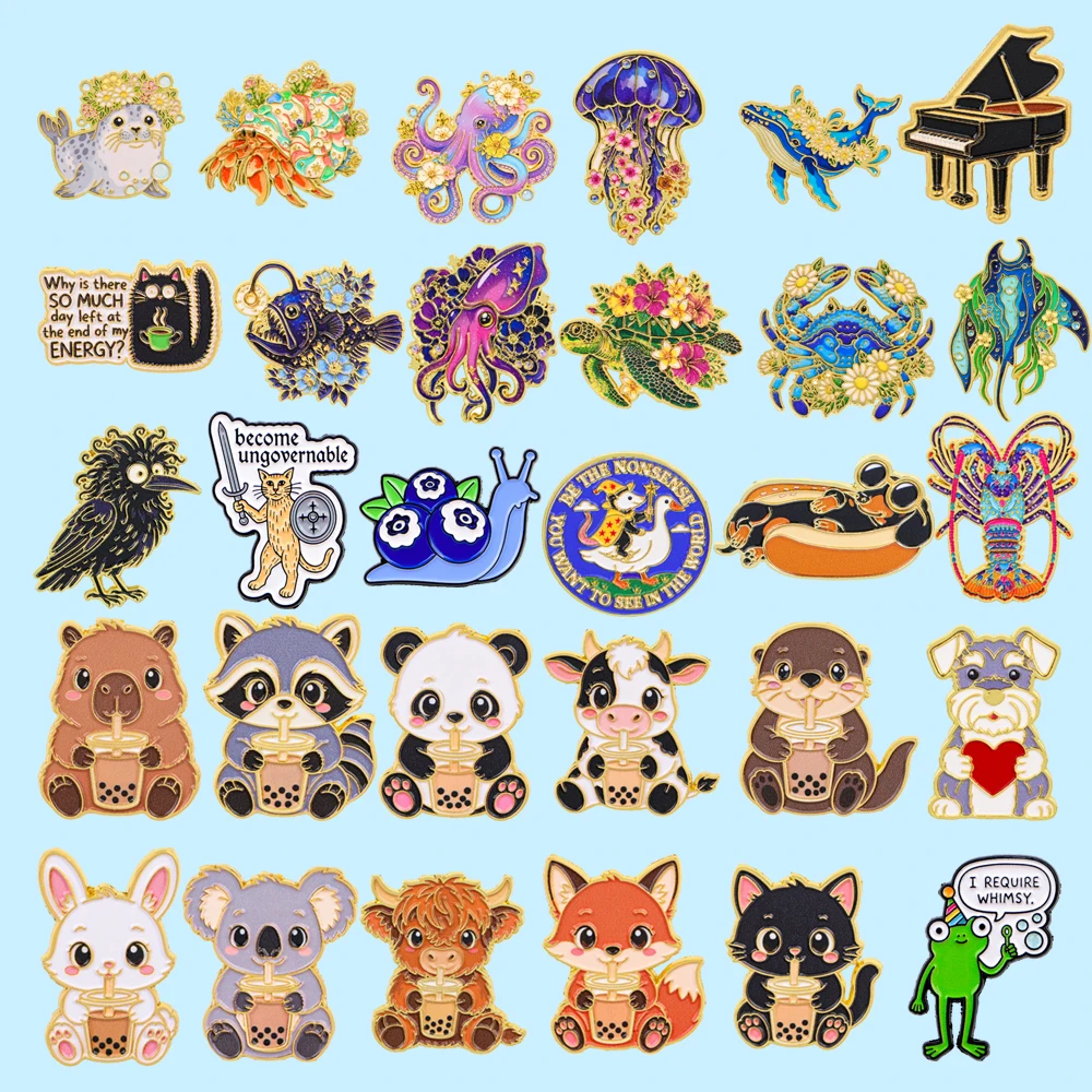 1-11pcs Ocean Animal Enamel Pins Floral Animal Funny Slogan Musical Instrument Lapel Brooch Badge Backpack Clothing Jewelry Gift