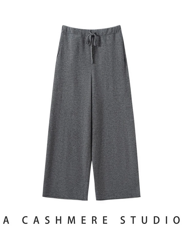 TLOML Women's 100% Cashmere Knit Curled Edges Wide Leg Pants Autumn Winter Cashmere Warm Soft Comfy Drawstring Casual Trousers