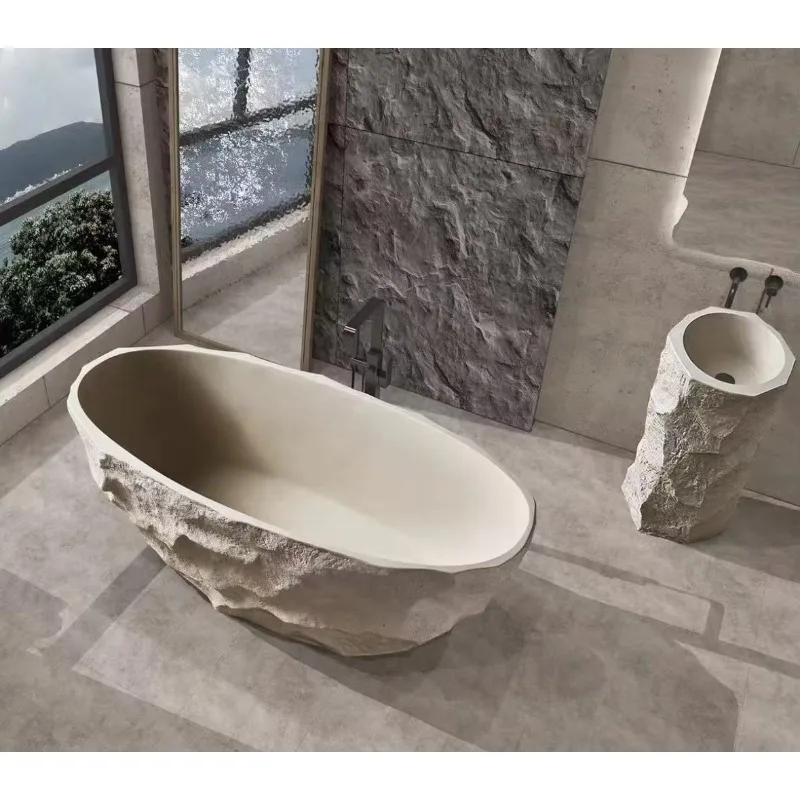 Modern Freestanding Artificial Stone Oval Bathtub With Non-Slip Bottom Surface For Bathroom In Small Apartments