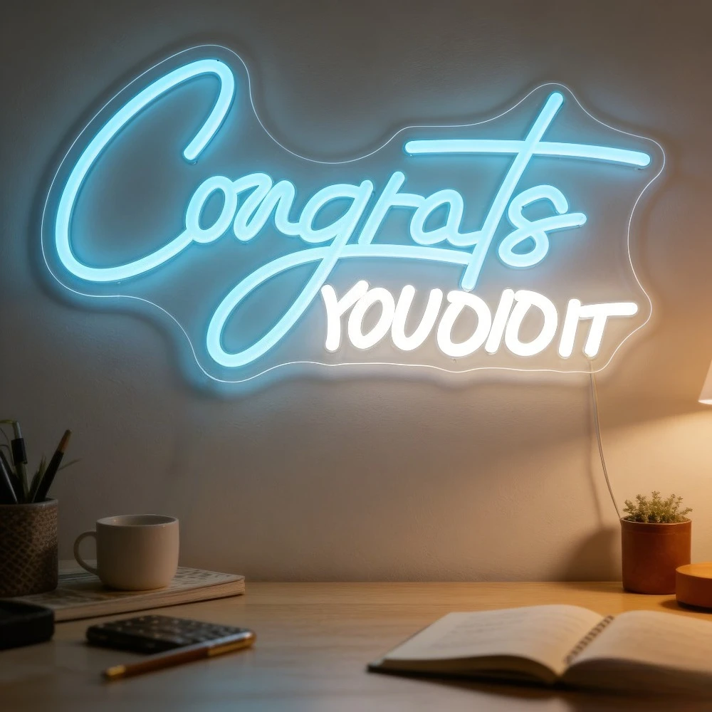 Congrats You Did It Blue White LED Neon Sign Graduation Achievement Gift USB Powered Night Light Party Backdrop Wall Decor