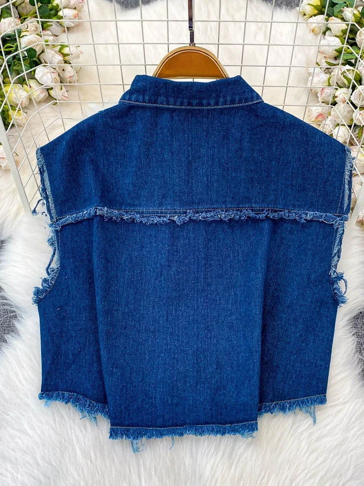 

American Sle Hot Girl Collarl Svel Denim Vest Women's Summer Design Tassel Slimming ort Top Collar Vest