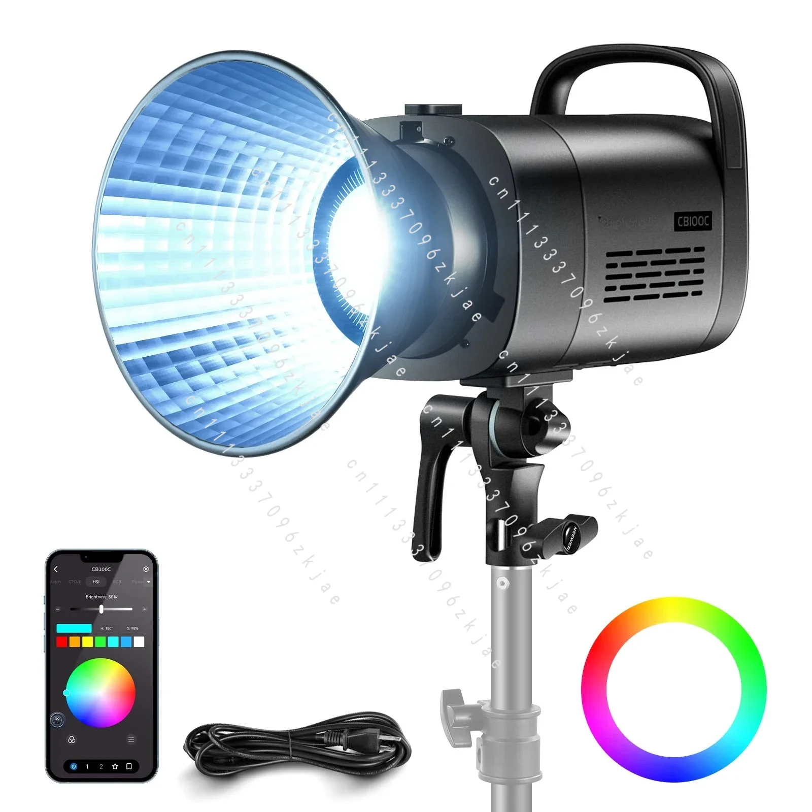 CB100C 130w RGB LED Video Light, APP/2.4G Control 360° Full Color 2700K-6500K 27000lux/m COB Bowens Mount Silent