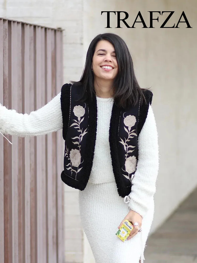 Trafza Herbst neue Mode Frau Weste Vintage V-Ausschnitt Weste Stickerei Weste ärmellose Jacke warme