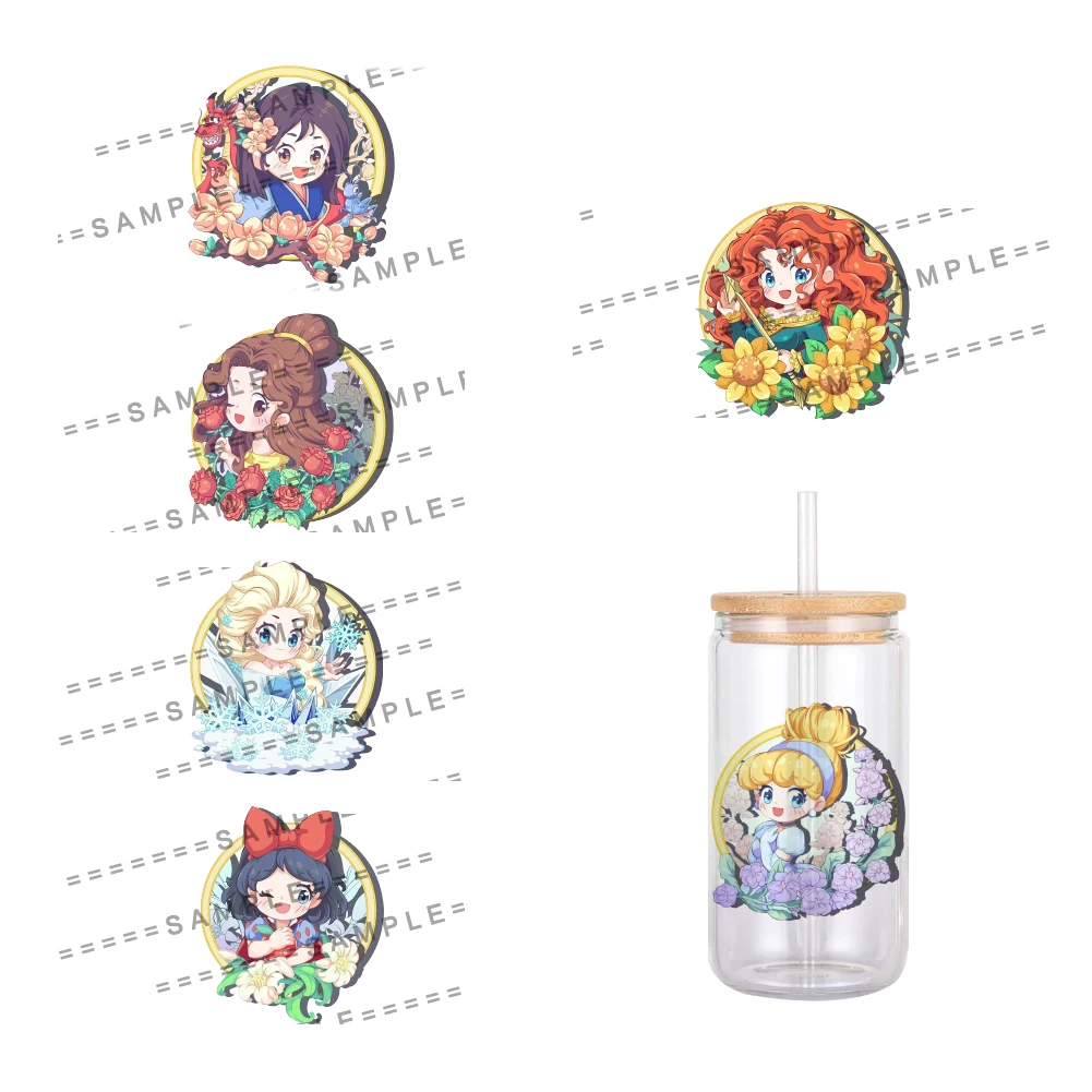 11x12cm Cartoon Disney Princess Pattern UV DTF Waterproof Transfers Decals For 16oz Glass Cup Wrap Stickers