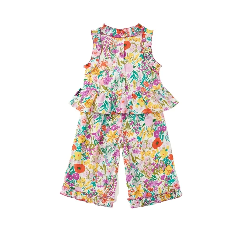 Girls' Floral Set 2025 Summer New Children's Japanese and Korean Version Lace Sleeveless Top+wide Leg Pants Baby Girl Clothes