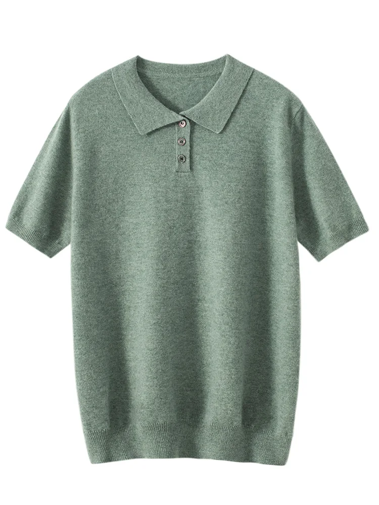 MEETCC Spring Summer Men 100% Cashmere Pullover Polo Collar Short Sleeve T shirt Sweater   Casual Smart Cashmere Knitwear Tops