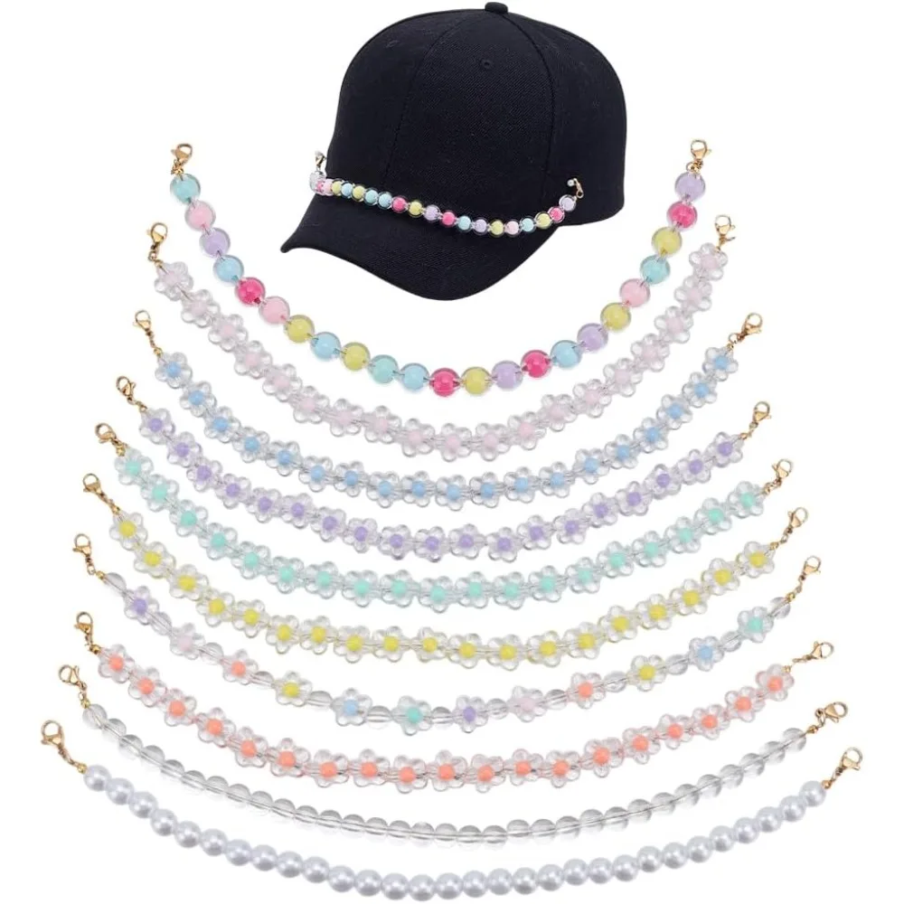 

10Pcs Trucker Hat Chains 9.84 Inch Decorative Pearl Flower Beaded Chains Charms Hat Chain Decorations Hats Jewelry