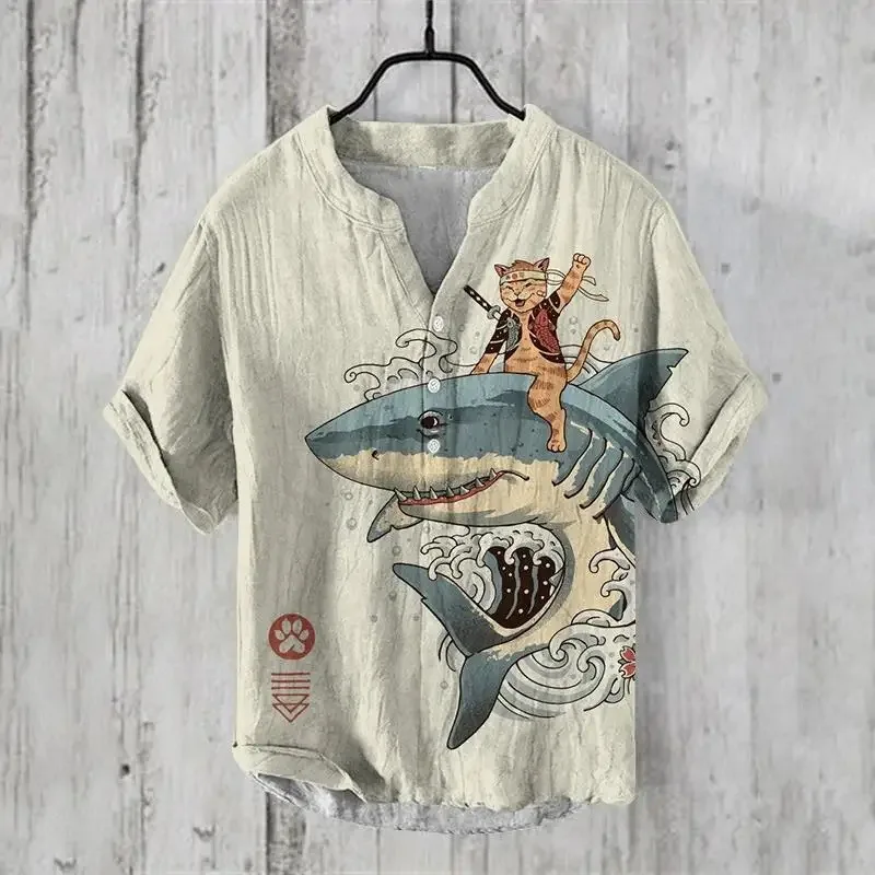 

Fashion Retro Distressed Linen Breathable Men's Shirt Men's Clothing Art Illustration Print Fashion V-neck Henley Men's Shirt