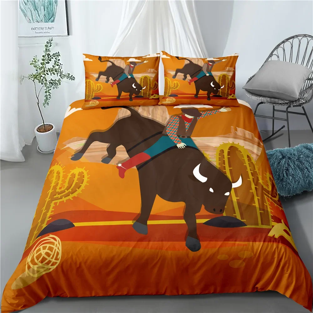 Western Cowboy Duvet Cover King Queen Vintage Wild West Bedding Set Adults Men Sunset Horse Silhouette Polyester Quilt Cover