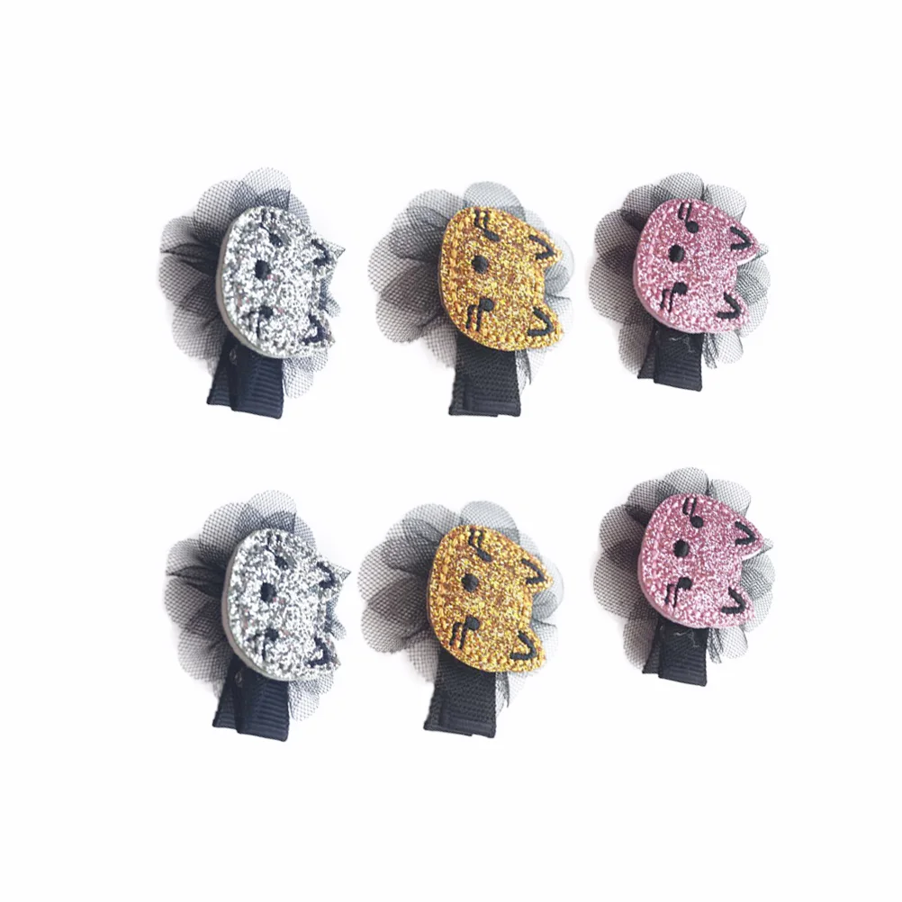 6 PCS Adurable Cat Hair Clip Glitter Hairpin Barrette for Baby Girls Children (Pink + Silver  + Gold 2pcs Each)