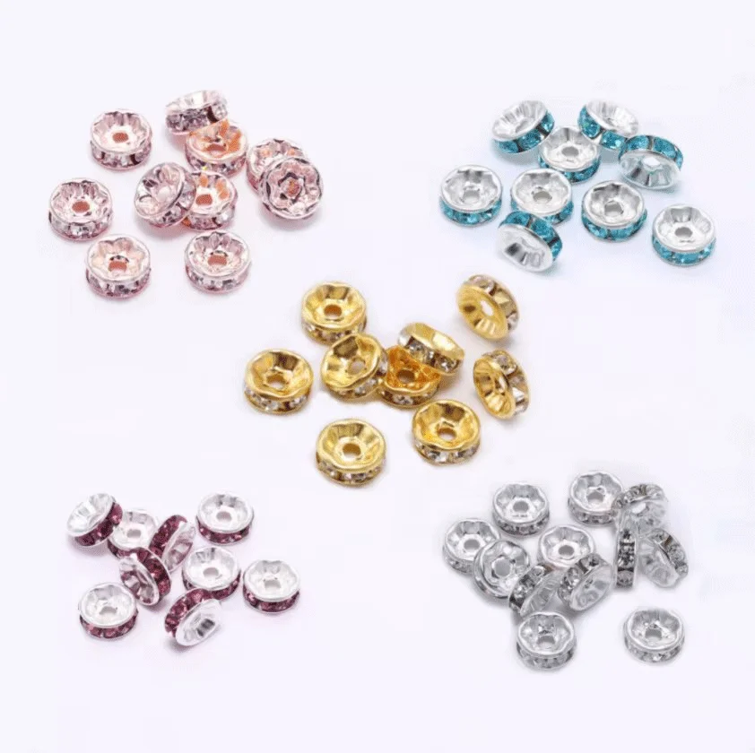 50Pcs/lot 4 6 8 10mm Metal Loose Rhinestone Spacer Beads Rondelles Crystal Bead For DIY Jewelry Making Supplies Accessories