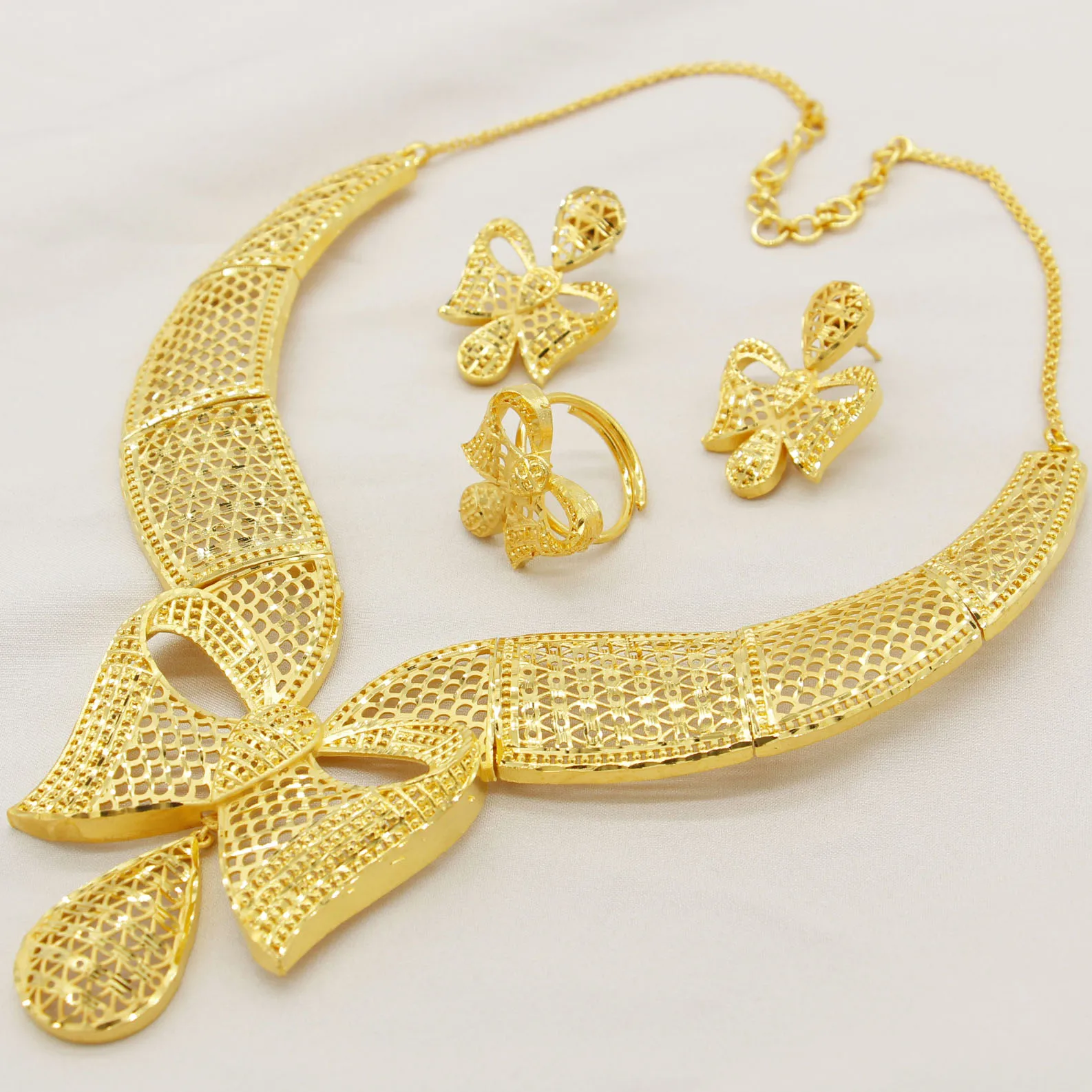 Adixyn Bowknot Shape Arab Dubai Necklace/Earrings Ring Jewelry set Gold Color African Gifts Bride Wedding Accessories N03292