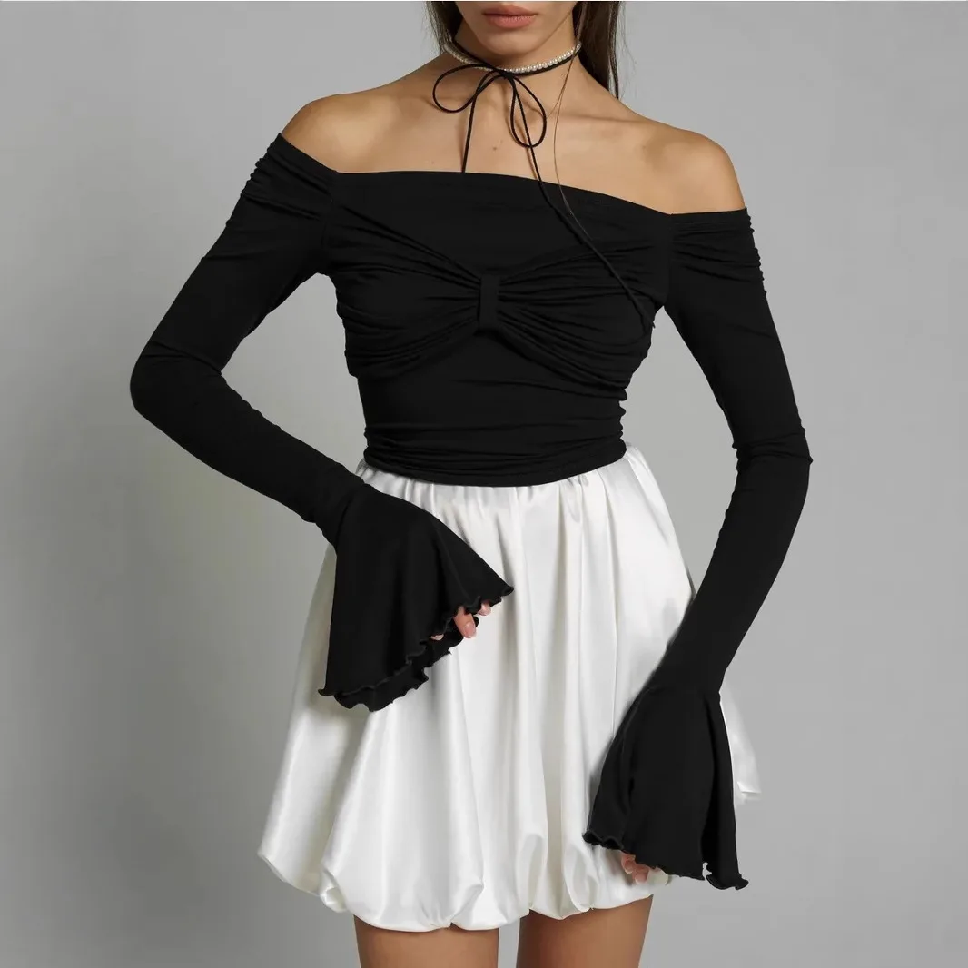 Sexy Mesh Wrap Chest Bell Sleeve T Shirt Women Off Shoulder Long Sleeves Bottoming Shirt Ladies Tee Shirt Tops Mujer