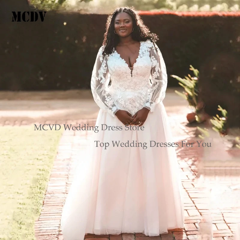 

MCDV Plus Size Wedding Dress Long Sleeves Applique Lace Boho Bride Gowns A-Line Customized Bridal Dress for Bride