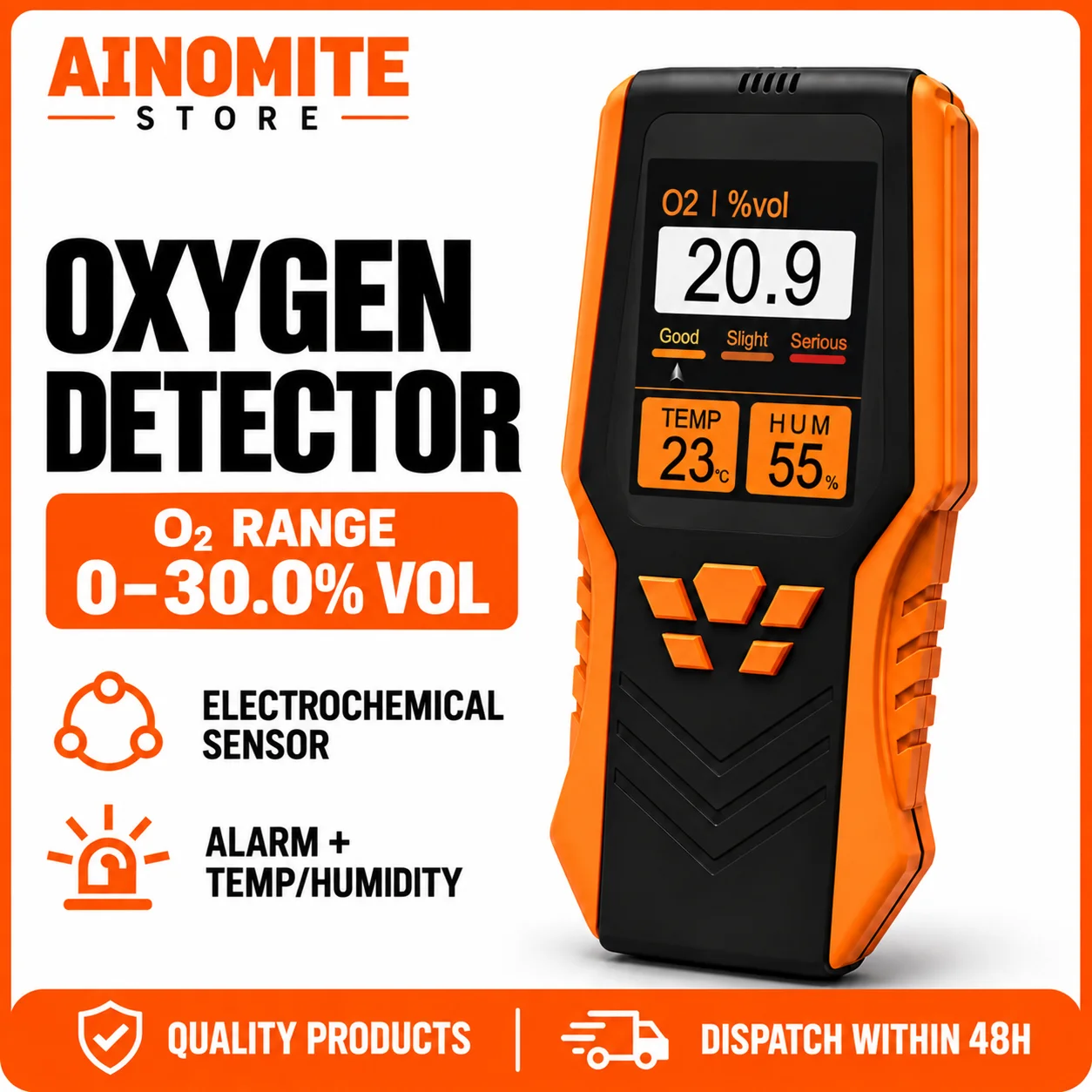 Portable Oxygen Detector 0-30% O2 Monitor with Sound Alarm, Air Quality Meter Temperature Humidity, 1.5s Fast Response for Lab