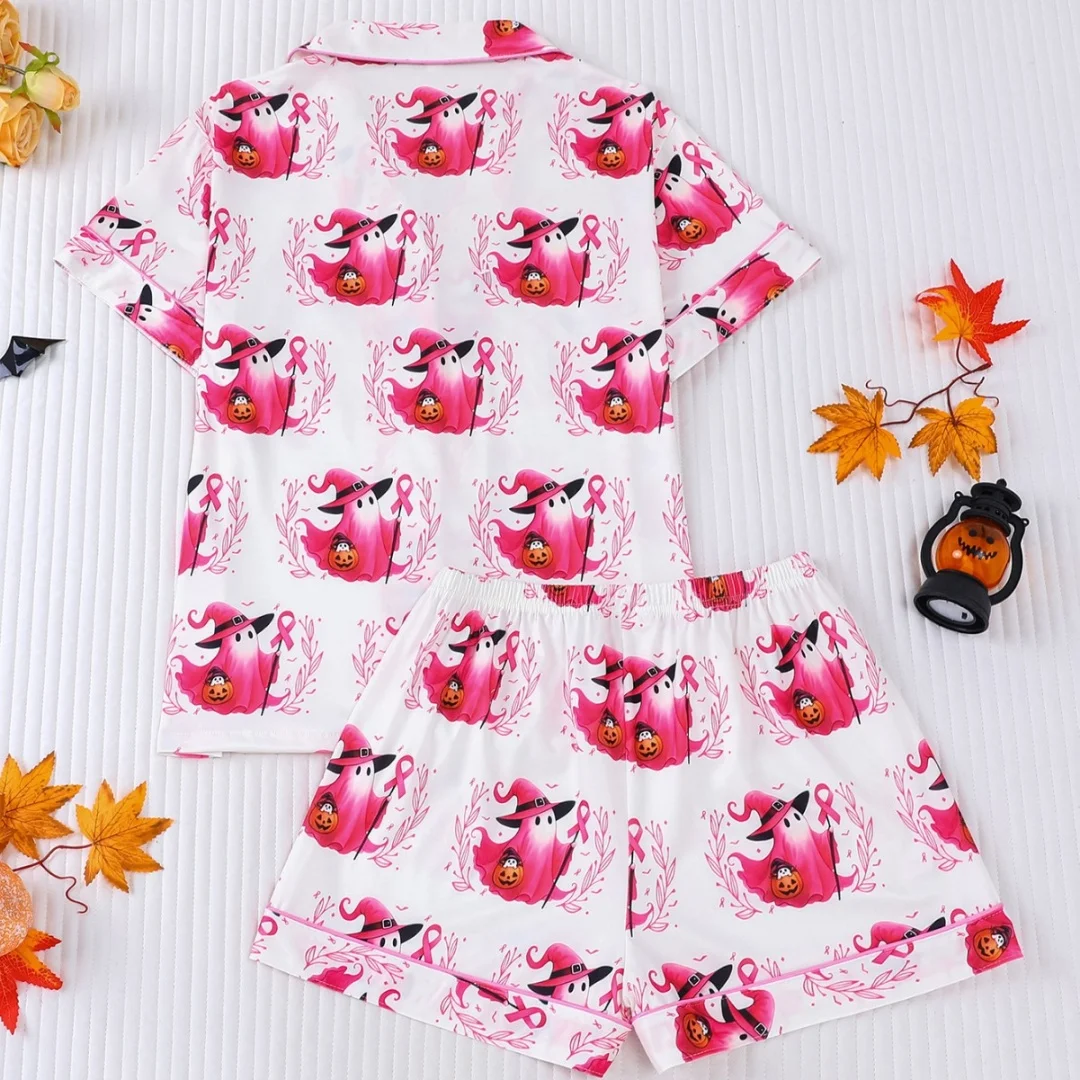 Halloween Themed Ghost Pumpkin Printed Pajamas Set for Women Loungewear Home Wear with Lapels Short Sleeves and Shorts Pants