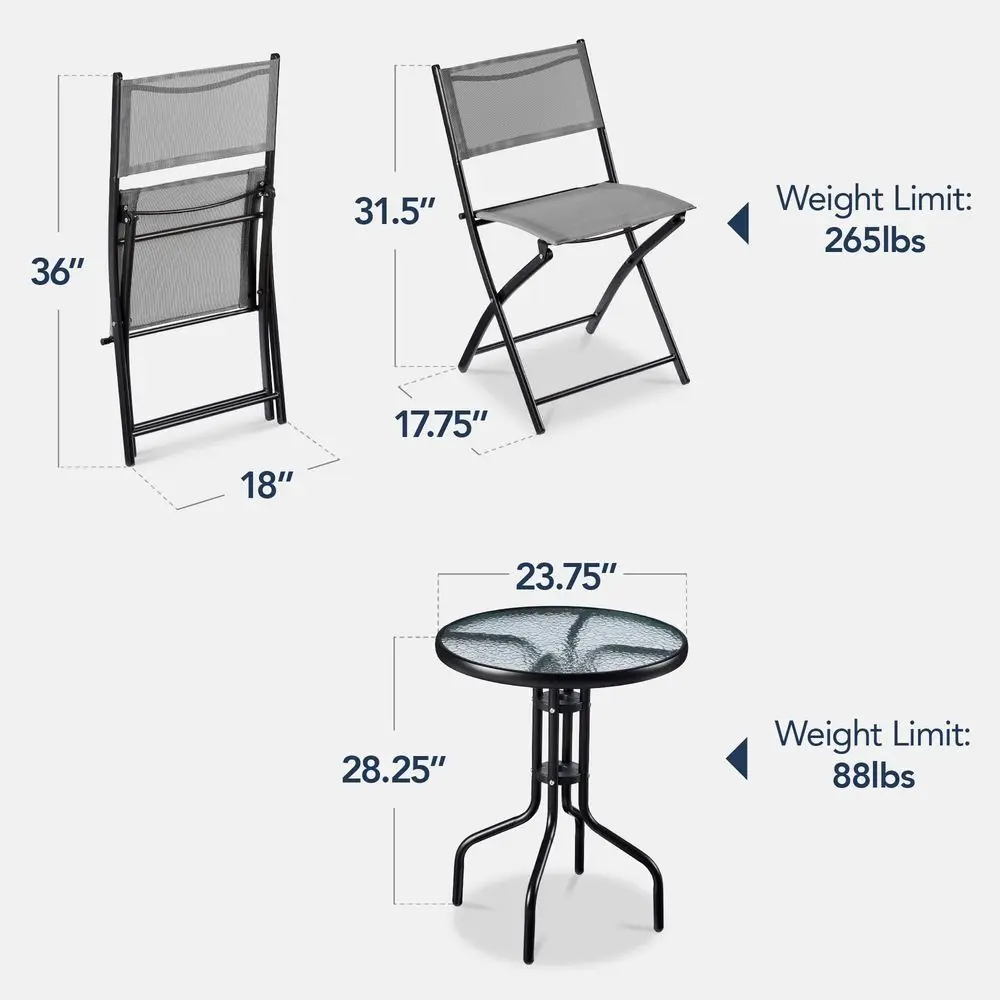 

3Piece Patio Bistro Dining Furniture Set w Glass Tabletop, 2 Folding Chairs, Steel Frame, Polyester Fabric Gray