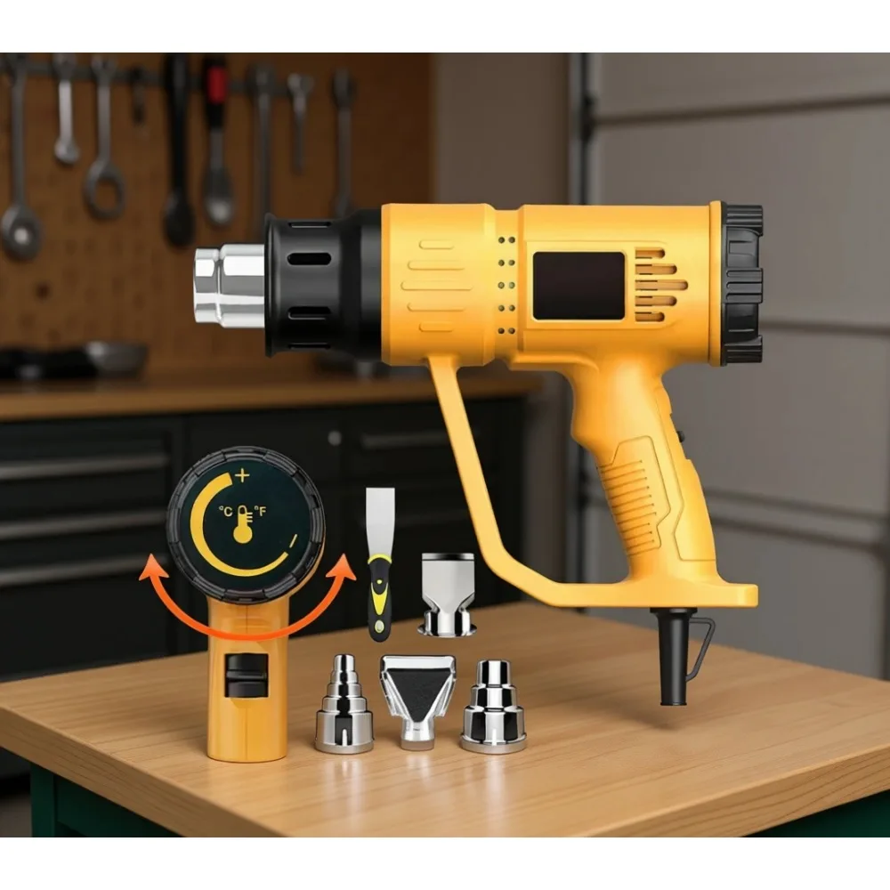 

Термофен 1800 Вт с регулируемой температурой от 122 до 1200 градусов ° Двухскоростной скребок F с 4 насадками для виниловых и полимерных изделий