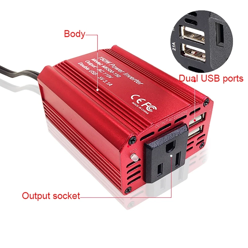 150W Modified Sine Wave Power Inverter Voltage Transformer Double Intelligent Digital Display for Car Home DC12V to AC 110/220V