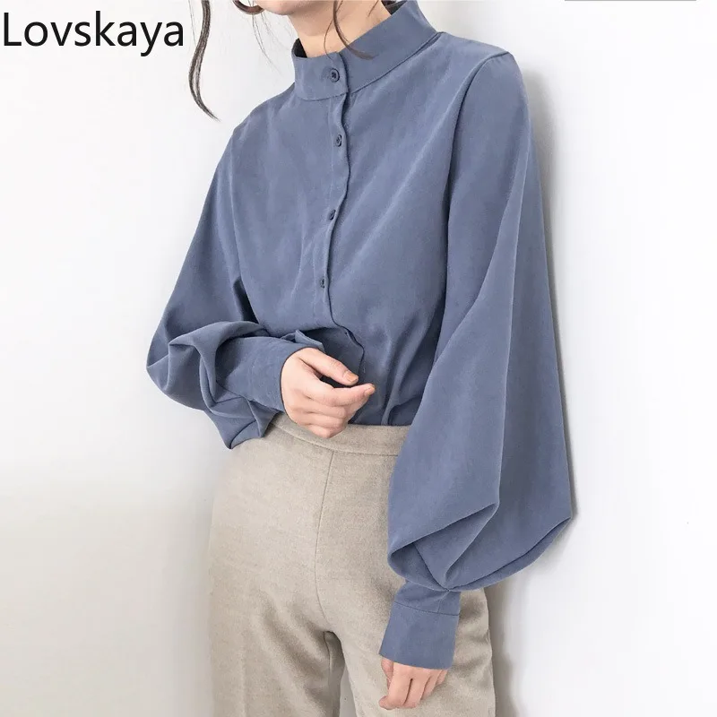 Bubble sleeves Korean style frosted long sleeved shirt women gentle style design niche stand up collar lantern sleeves