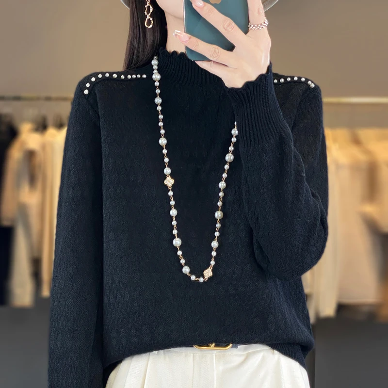 2024 New Spring and Autumn Cashmere sweater Long Sleeve Women Mock Neck Knitted Sweater  Pullover Cashmere sweater Women