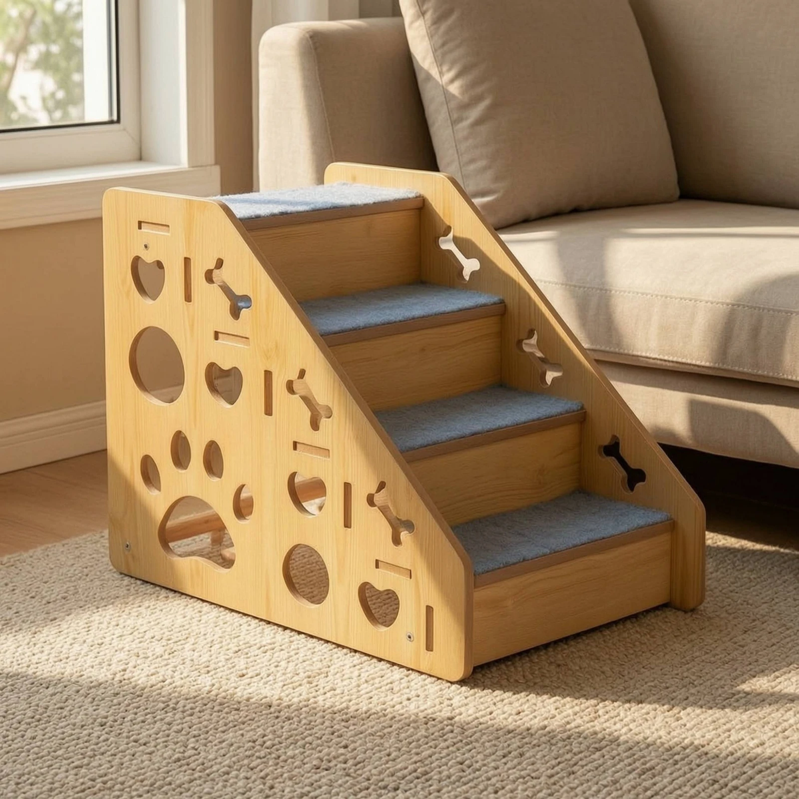 Wooden Pet Staircase Carpeted 4-Step Pet Stairs Dog Steps with Carpet Indoor Furniture Wide for Small Dogs, Bedside, Sofa