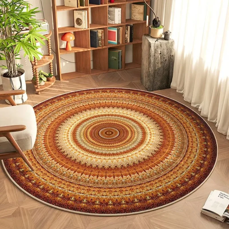 Bohemian Round Rug Colorful Mandala Design Orange Brown Beige Tones Ethnic Pattern Area Carpet For Home Decor