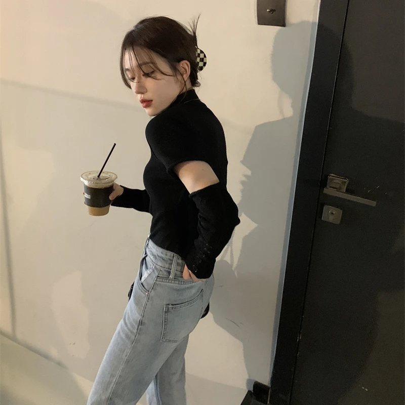 Pullovers Woman Spliced Fashion Solid Half High Collar Casual Office Ladies Slim All-match Streetwear Korean Style Simple Autumn