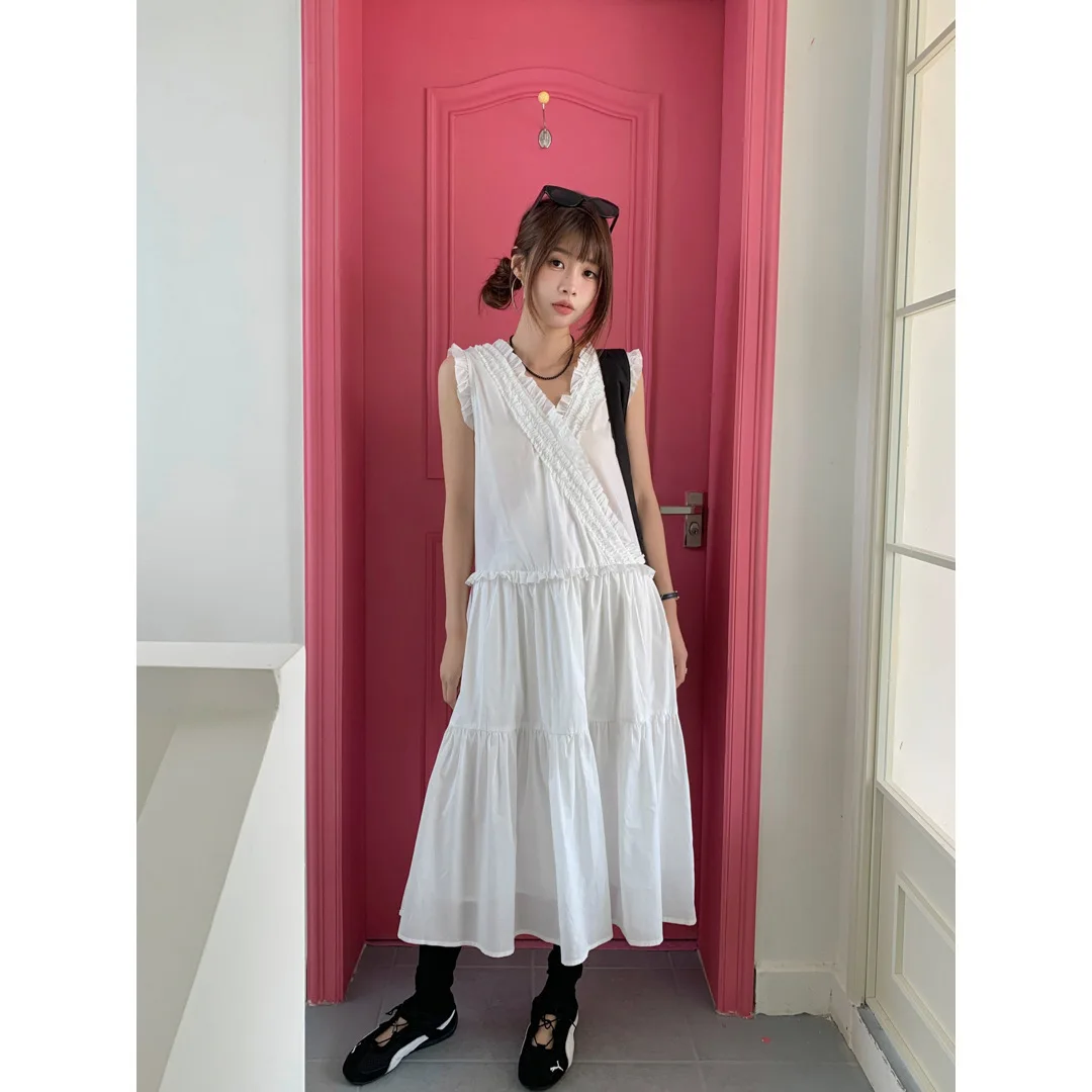 Borda fungo preta em camadas frias, frente e verso, dois vestidos colete sem mangas, vestido feminino doce branco luar