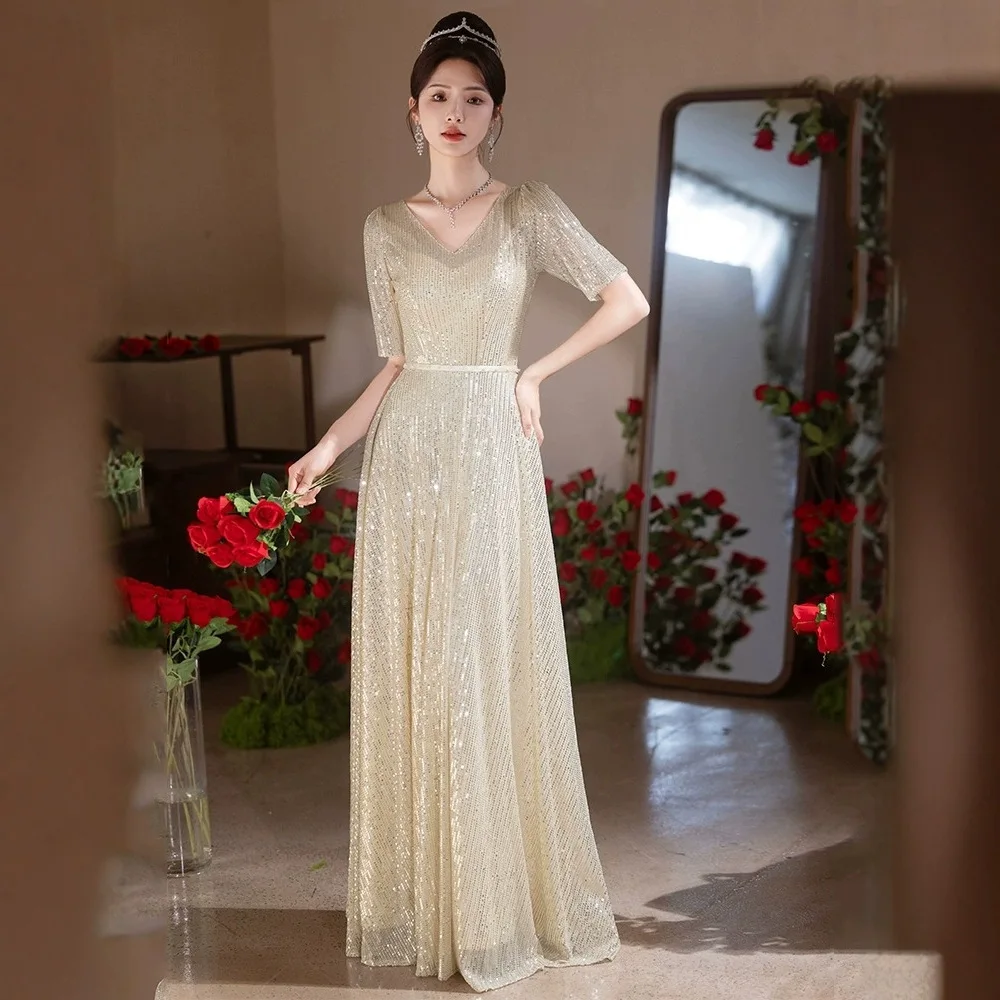

Champagne Evening Dress for Women Banquet Temperament Light Luxury Minority High-End Sequined Bridesmaid Host
