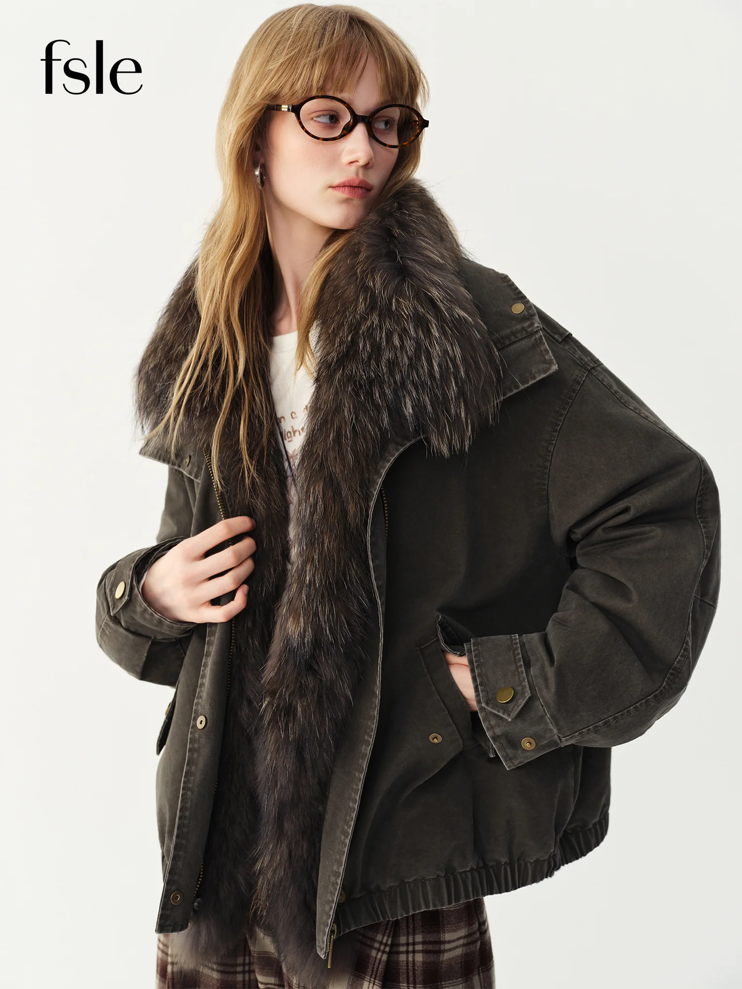 FSLE 2026 Winter Women Raccoon Fur Collar Down Parka Jacket Retro Hooded Thick Warm Windproof Vintage Street Outerwear Coat