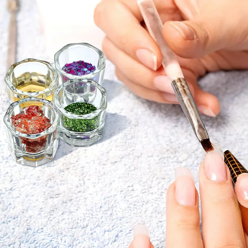 Mini cristallo di vetro acrilico trasparente piccolo polvere ottagonale tazza di liquido porta polvere per unghie pennelli per trucco ciotola per pulizia strumento per nail art