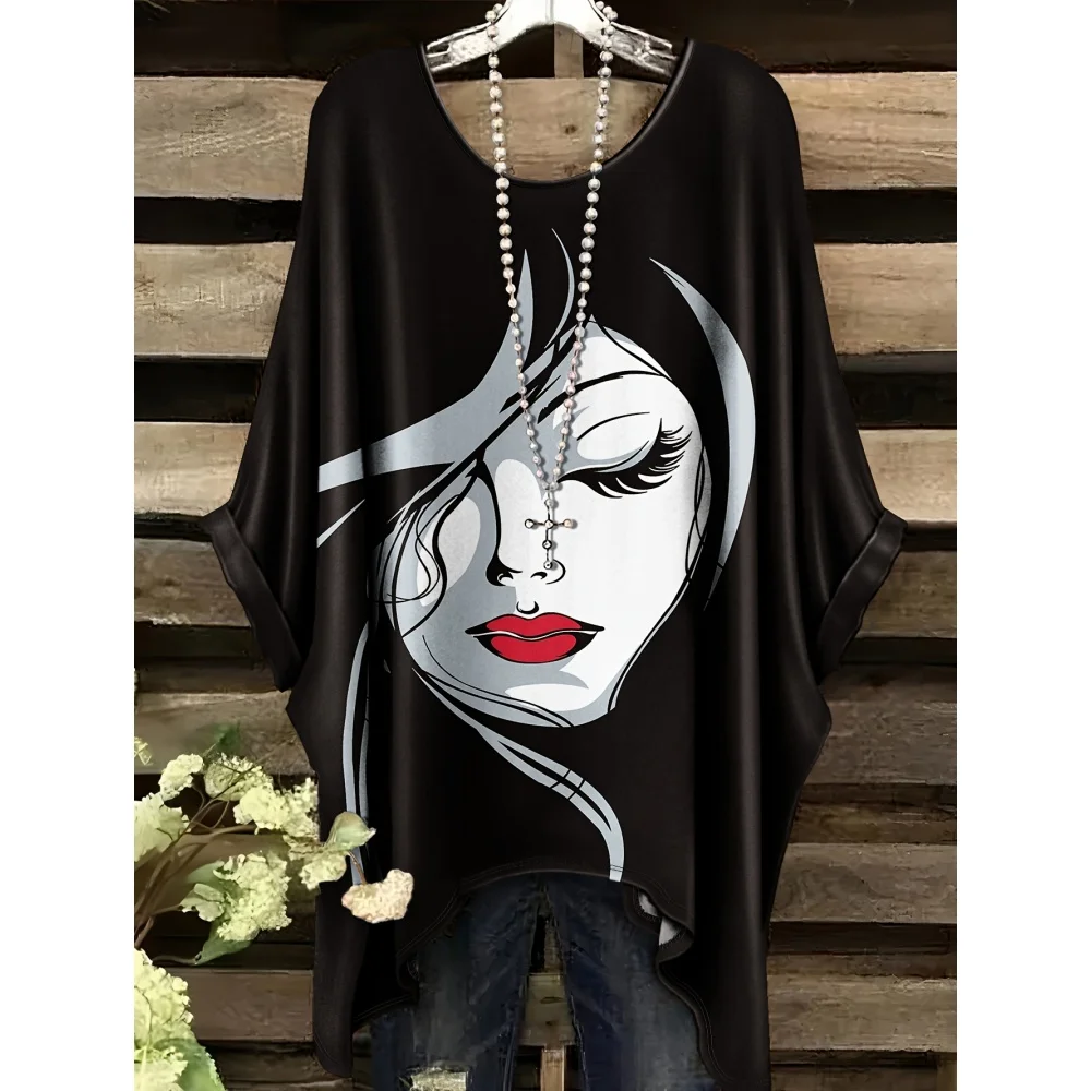 T-Shirt femme élégant noir rayé femme visage imprimé graphique hauts été décontracté col rond manches courtes T-Shirts pour les femmes