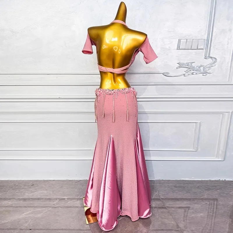 Costume de danse du ventre personnalisé, robe de spectacle pour femmes, nouvel ensemble de danse orientale, vêtements de danse exotiques, hauts roses, jupe longue, 2025